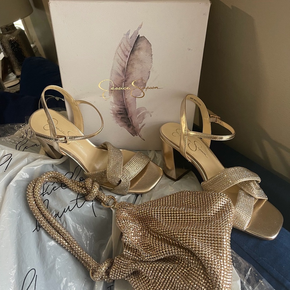 Jessica Simpson Metallic Gold Crystal-Strap Block Heel Sandals comes with purse